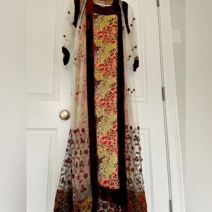 Embroidered net gown with velvet trim, kameez underneath. Two piece